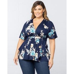 Kiyonna Navy Floral Top Encore Style Flutter Sleeves Empire Waist 2X Feminine